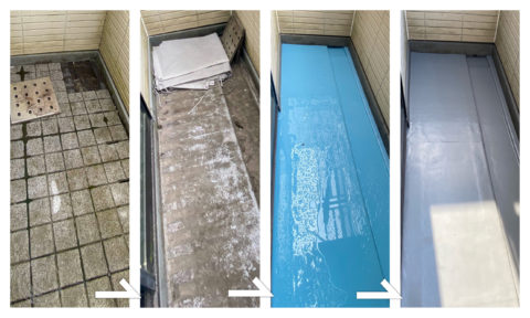 3階ベランダ防水工事過程・防水材、トップコートの順番に塗装します。