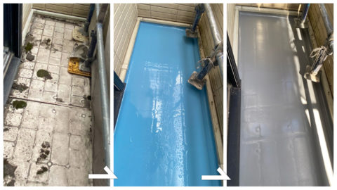 2階ベランダ防水工事過程・防水材、トップコートの順番に塗装します。
