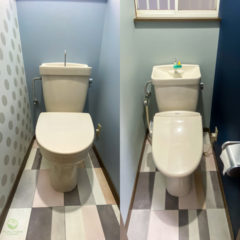 1階と2階のトイレを同じ床材（クッションフロア）に貼替えました。異なる壁紙で、印象が違う素敵なトイレになりました。