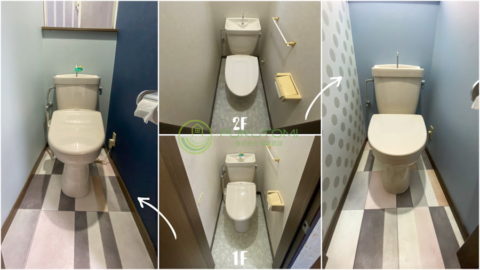 戸建住宅の２コあるトイレ／２階・３階建て住宅にある複数のトイレを同時リフォーム・同じ柄の床に違う配色のクロス（壁紙）の違いで、異なる雰囲気のトイレになりました。サンゲツ・ドットクロスのおしゃれリフォーム