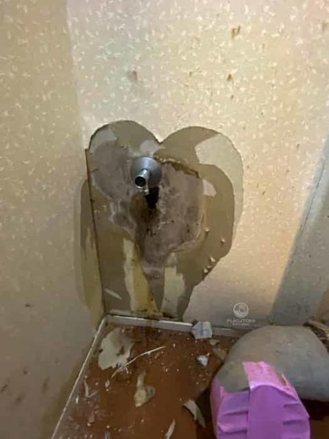 壁の中にカビ／うっすらシミのあった部分のクロスをめくった状態／水漏れで壁の中にカビが／同じマンションで水漏れ