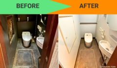 大阪ベビーカステラ店舗改装施工事例：トイレ/洗面／鏡はそのまま、床と壁紙の交換でここまで変わりました。ビフォーアフター写真/神戸元町・三宮の店舗改装もお任せください