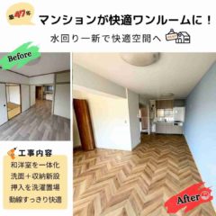 築47年マンションの和洋室を一体化し、洗面・収納・洗濯機置き場を新設した快適ワンルームリフォーム後の室内写真