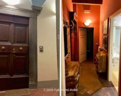 集合住宅玄関前、バスルーム前の廊下、塗り壁材で仕上げられた室内