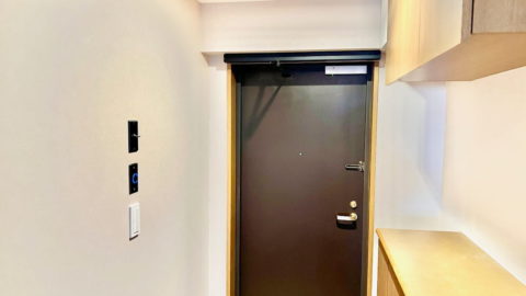 マンション室内から玄関ドアを眺めたところ:自動化された玄関開き戸