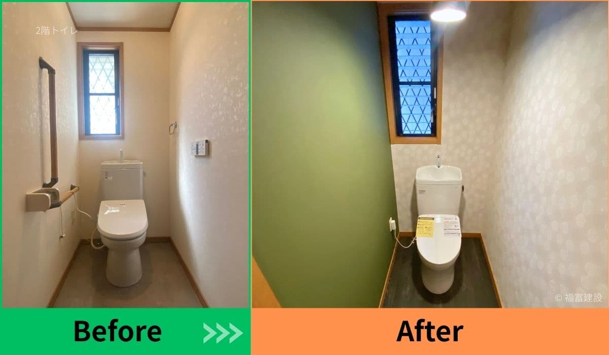 左は戸建て住宅2階で使用されていた交換前のトイレのビフォー写真。右はTOTOピュアレストQRに交換後のトイレ。シンプルで清潔感のあるアフター写真（手洗い付きタンク）