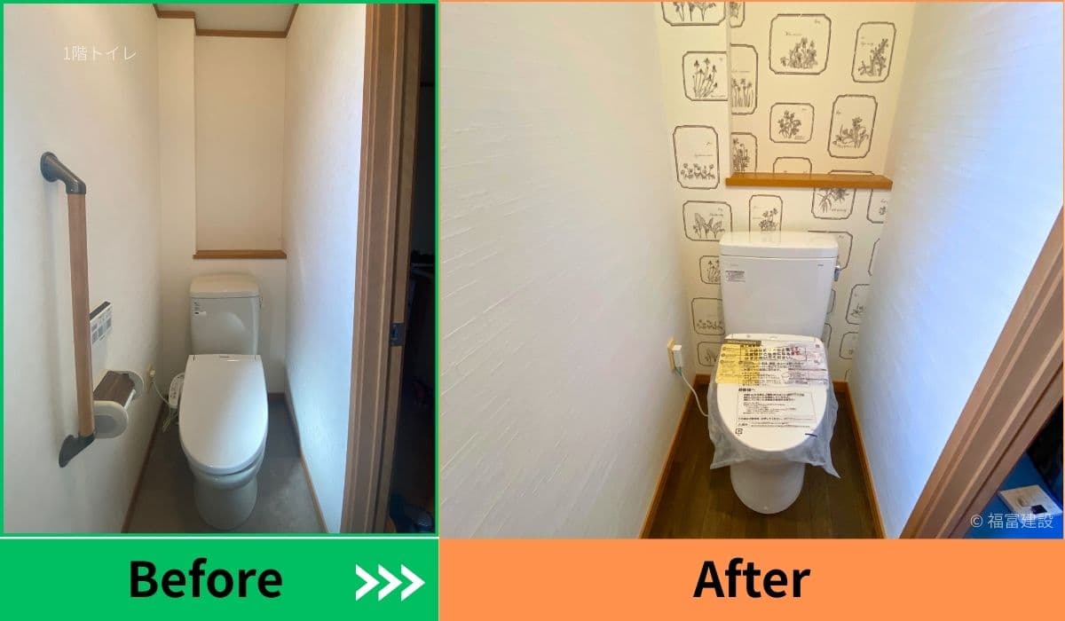 トイレのビフォー写真。右はTOTOピュアレストQRに交換後のトイレ。シンプルで清潔感のあるアフター写真。手洗いなしタンク。